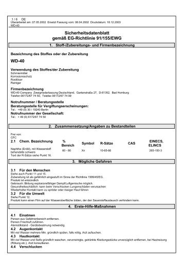 Sicherheitsdatenblatt gemÃ¤Ã EG-Richtlinie 91/155/EWG WD-40