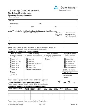 CE Marking, CMDCAS and PAL Quotation Questionnaire - Tuv