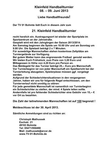 21. Kleinfeld Handballturnier - TV 01 Bohmte eV