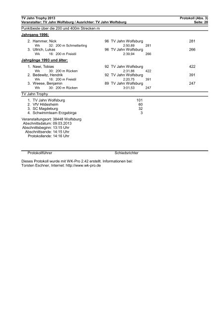 WK-Pro Protokoll - TV Jahn Wolfsburg Schwimmen