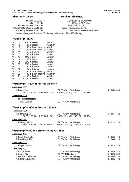 WK-Pro Protokoll - TV Jahn Wolfsburg Schwimmen