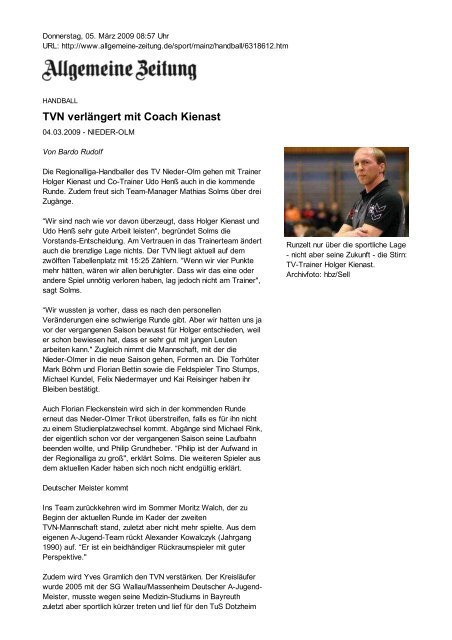 TVN verlÃ¤ngert mit Coach Kienast - TV Nieder-Olm