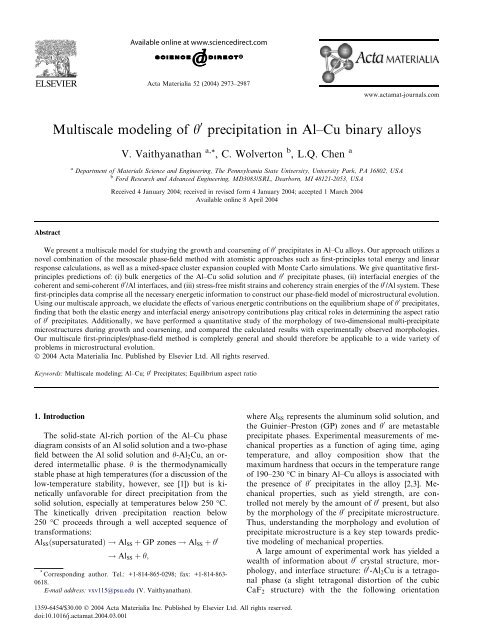 Multiscale Modeling of Theta ' Precipitation in Al-Cu Binary Alloys