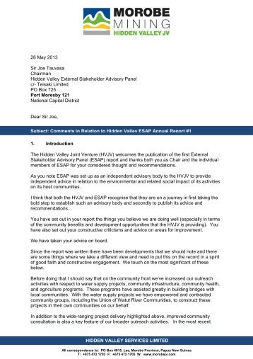 MMJV Response to 2012 ESAP Report - Morobe Mining Joint Venture