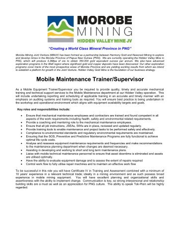 Mobile Maintenance Trainer/Supervisor - Morobe Mining Joint Venture