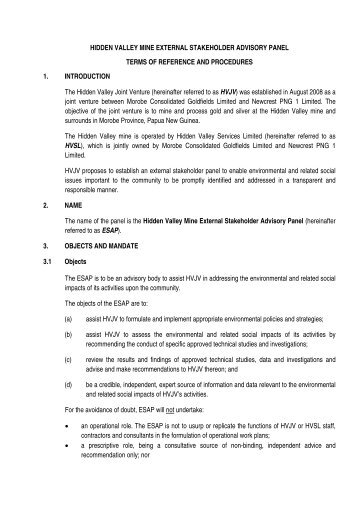 Full Terms of Reference for the ESAP - Morobe Mining Joint Venture