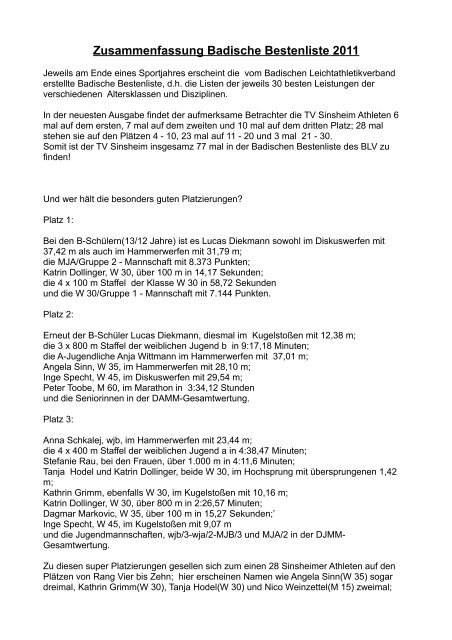 Zusammenfassung Badische Bestenliste 2011 Tv Sinsheim