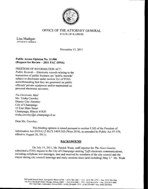 Public Access Opinion No. 11 006 Illinois Attorney General