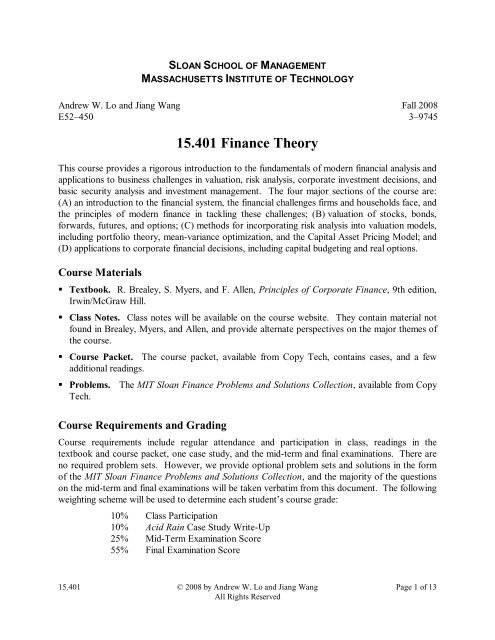 Mit 15.401 Finance Theory 15.401 Finance Theory - Andrew W. Lo