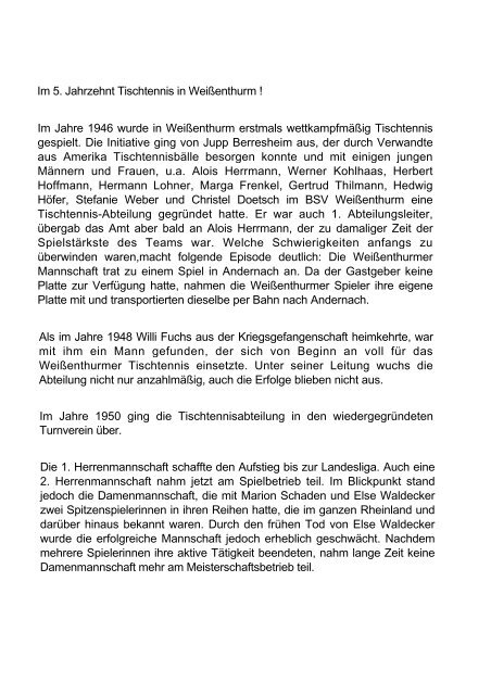 Im 5. Jahrzehnt Tischtennis in WeiÃenthurm ! Im Jahre 1946 wurde ...