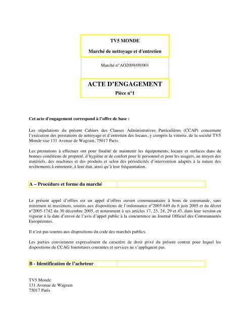 Marché Public de Prestations de Services Acte d'engagement (A.E.)