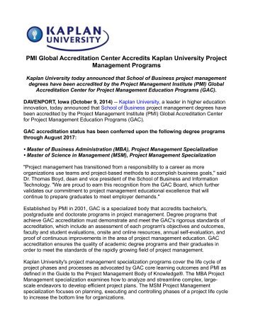 PMI Global Accreditation Center Accredits Kaplan University Project Management Programs