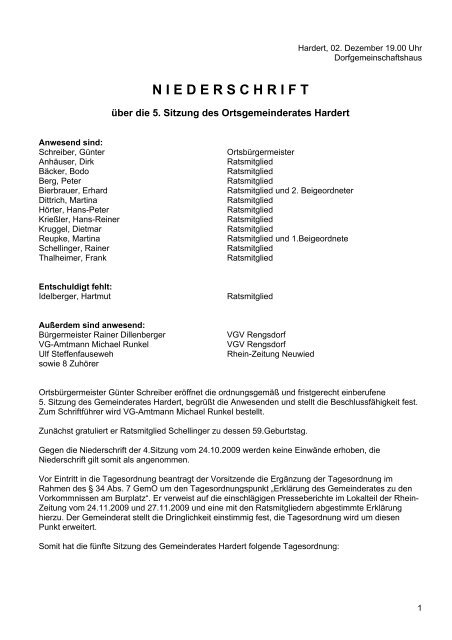 Niederschrift der 5. Sitzung des Gemeinderates am 02.12 ... - Hardert