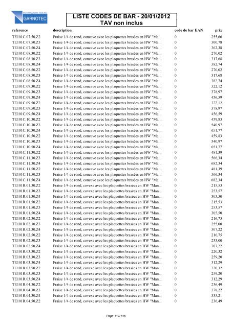 LISTE CODES DE BAR - 20/01/2012 TAV non inclus