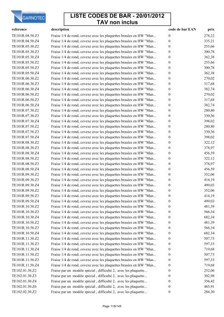 LISTE CODES DE BAR - 20/01/2012 TAV non inclus