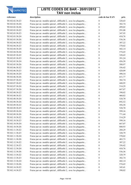 LISTE CODES DE BAR - 20/01/2012 TAV non inclus