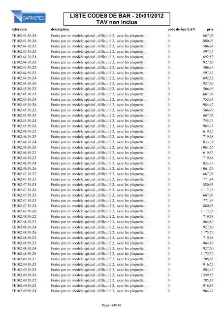 LISTE CODES DE BAR - 20/01/2012 TAV non inclus