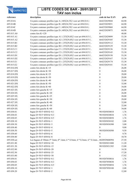 LISTE CODES DE BAR - 20/01/2012 TAV non inclus