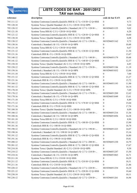 LISTE CODES DE BAR - 20/01/2012 TAV non inclus