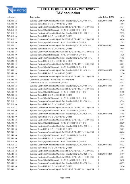 LISTE CODES DE BAR - 20/01/2012 TAV non inclus