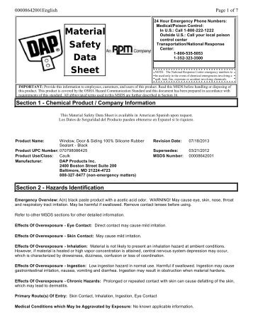 XIAMETER(R) Material Safety Data Sheet DAP(R) 100% SILICONE ...