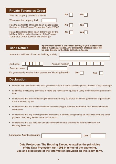 Housing Benefit/Rate Relief Certificate of Occupation form