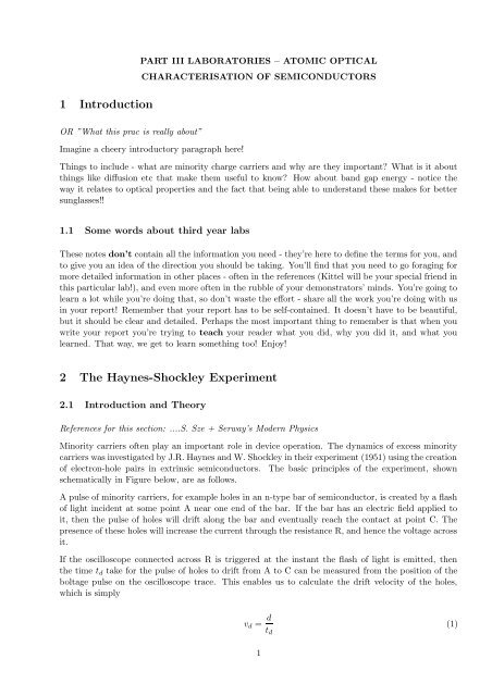 1 Introduction 2 The Haynes-Shockley Experiment