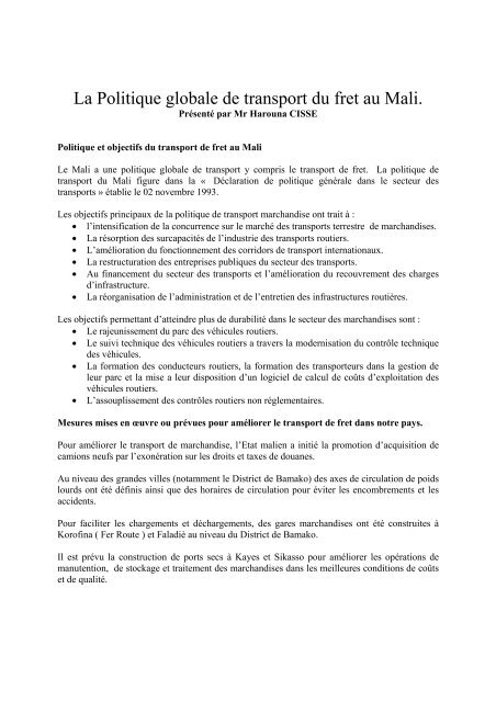 La Politique globale de transport du fret au Mali.