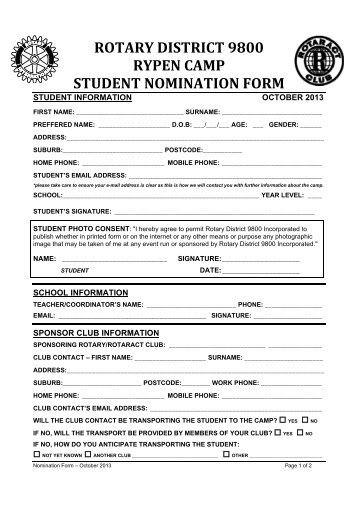 RYPEN Nomination Letter - Student Application Form