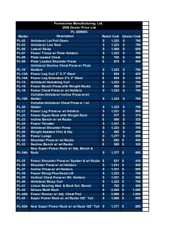 Promaxima Manufacturing, Ltd. 2008 Dealer Price List Model ...