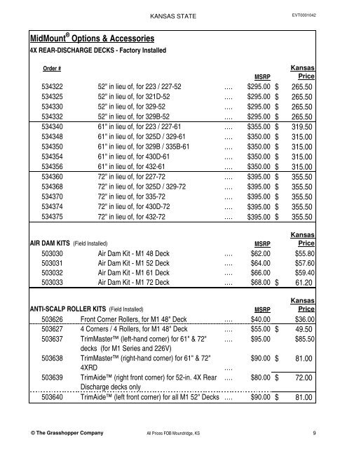 KANSAS STATE CONTRACT Price List for Grasshopper Mowers