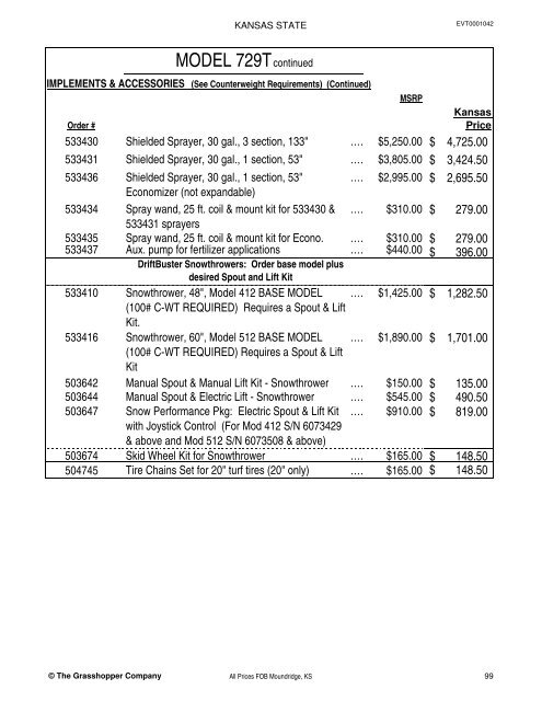 KANSAS STATE CONTRACT Price List for Grasshopper Mowers