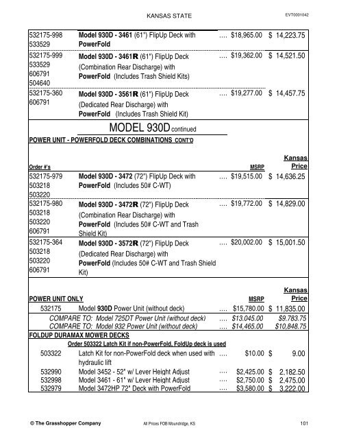 KANSAS STATE CONTRACT Price List for Grasshopper Mowers