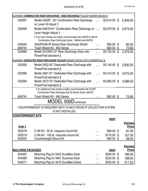 KANSAS STATE CONTRACT Price List for Grasshopper Mowers