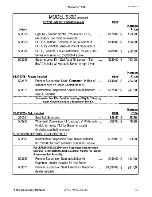 KANSAS STATE CONTRACT Price List for Grasshopper Mowers