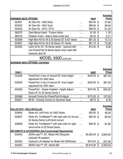 KANSAS STATE CONTRACT Price List for Grasshopper Mowers