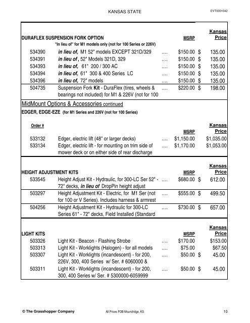 KANSAS STATE CONTRACT Price List for Grasshopper Mowers