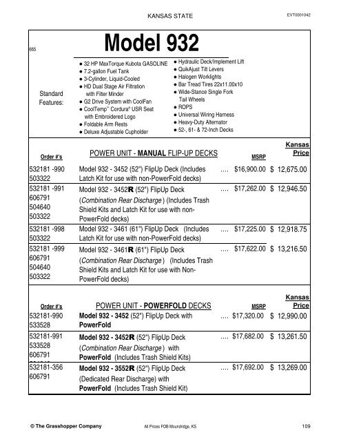 KANSAS STATE CONTRACT Price List for Grasshopper Mowers