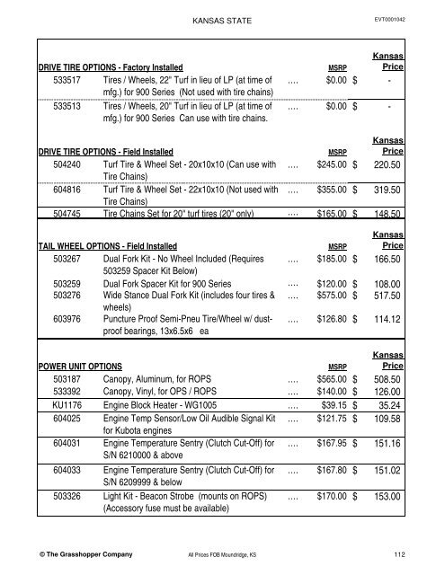 KANSAS STATE CONTRACT Price List for Grasshopper Mowers