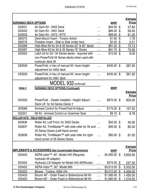 KANSAS STATE CONTRACT Price List for Grasshopper Mowers