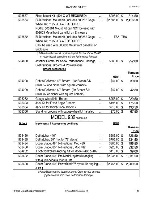 KANSAS STATE CONTRACT Price List for Grasshopper Mowers