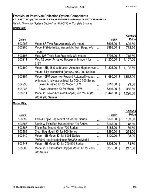 KANSAS STATE CONTRACT Price List for Grasshopper Mowers