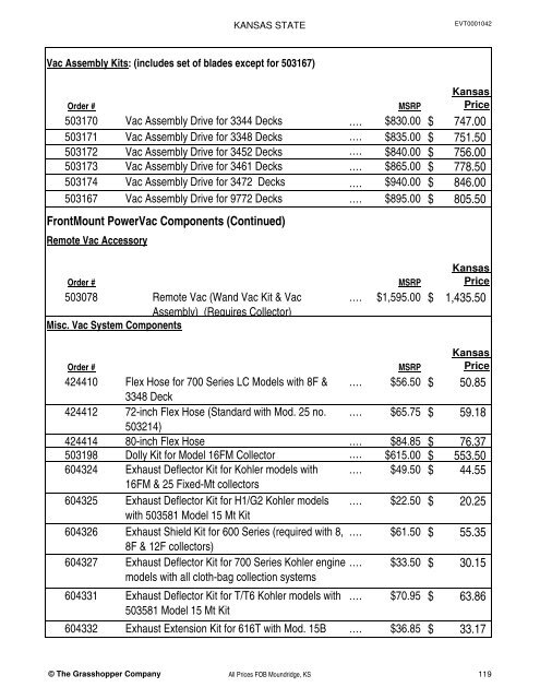 KANSAS STATE CONTRACT Price List for Grasshopper Mowers