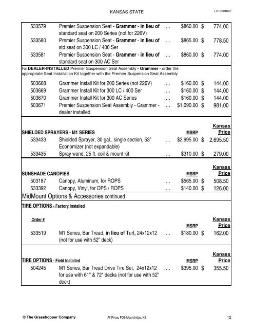 KANSAS STATE CONTRACT Price List for Grasshopper Mowers