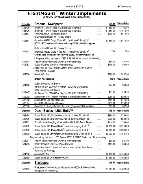 KANSAS STATE CONTRACT Price List for Grasshopper Mowers