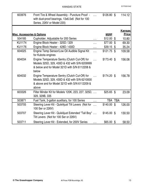 KANSAS STATE CONTRACT Price List for Grasshopper Mowers