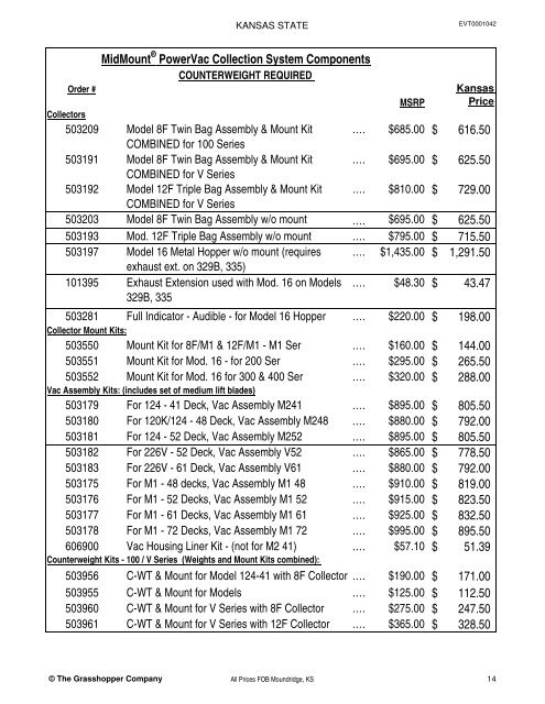 KANSAS STATE CONTRACT Price List for Grasshopper Mowers