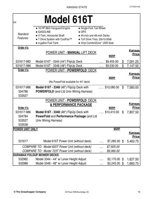 KANSAS STATE CONTRACT Price List for Grasshopper Mowers