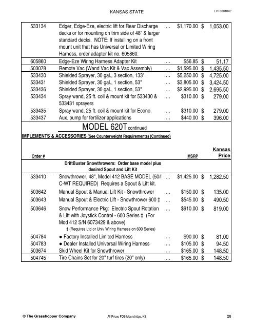 KANSAS STATE CONTRACT Price List for Grasshopper Mowers