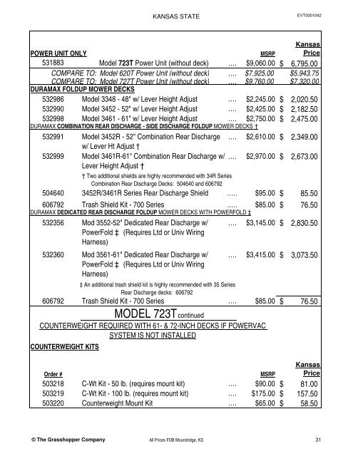 KANSAS STATE CONTRACT Price List for Grasshopper Mowers